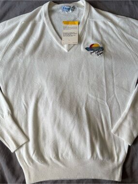 Eton White V-Neck Sweater with Sunset Crest Embroidery